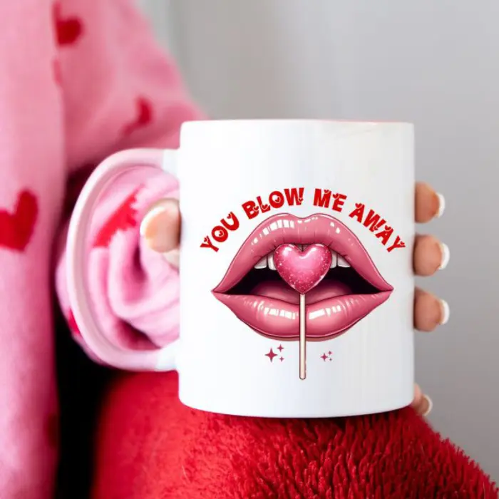 You Blow Me Away" Mug | Heart Lollipop & Lips Design | 11oz Ceramic Cup