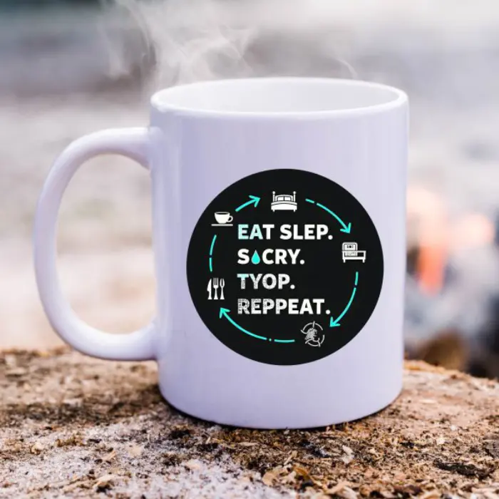 Eat. Sleep. Cry. Tyop. Repeat. Mug | Funny Typo Mug with Glitch Design & Icon Cycle