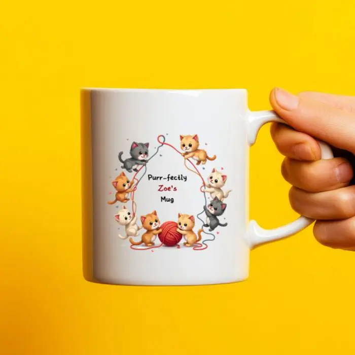 [Name]’s Kitten Mug – Personalised Kids Mug with Yarn & Cats
