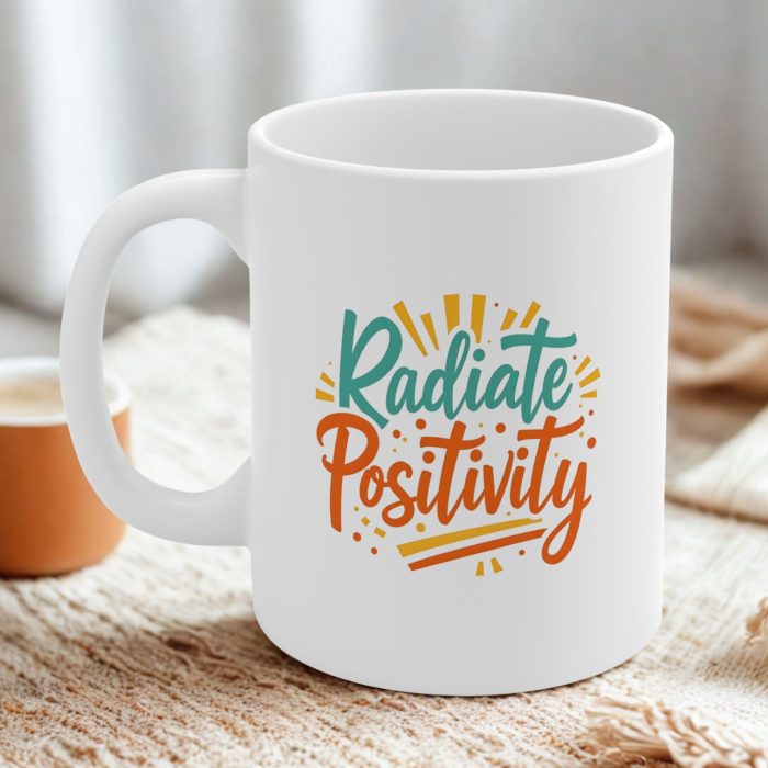 Radiate Positivity Mug | Handwritten Quote Mug with Sunbeam Gradient & Abstract Accents