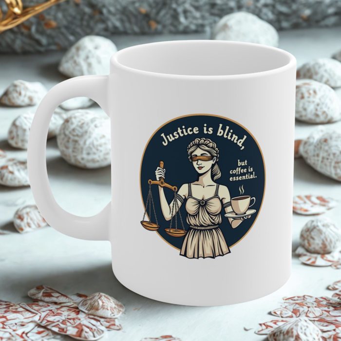 Justice Is Blind But Coffee Is Essential Mug – Funny Lawyer Mug