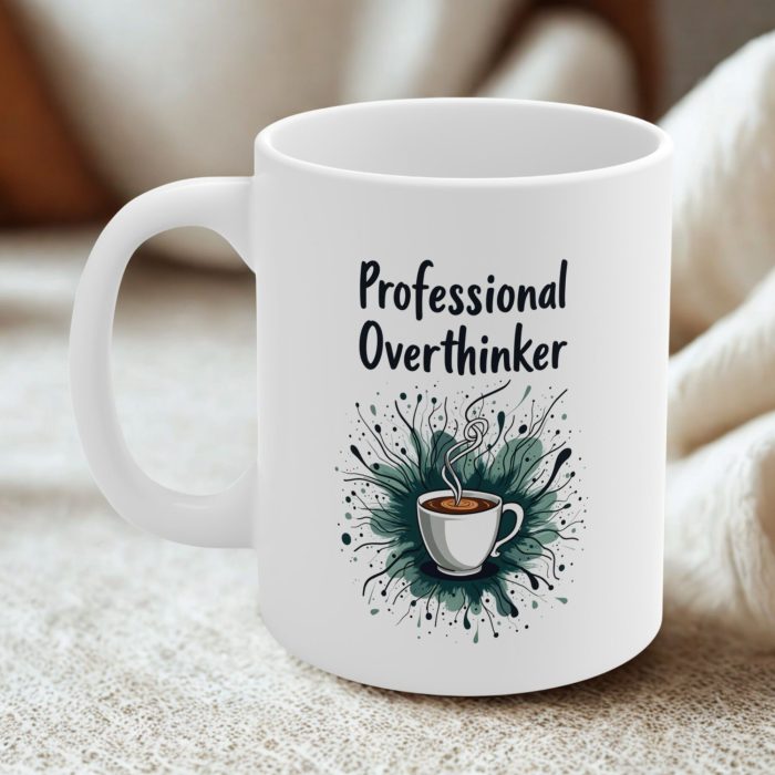 Professional Overthinker Mug – Coffee Chaos Design with Swirls & Geometric Mind Map