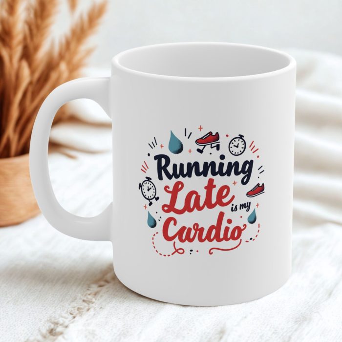 Running Late Is My Cardio Mug – Funny Time-Crunch Design with Clock & Sneaker Icons