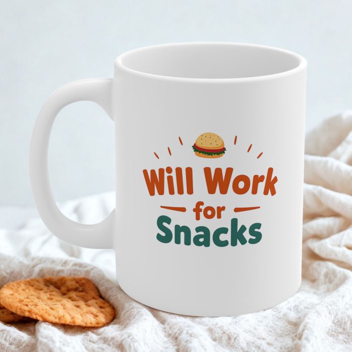 Will Work for Snacks Mug – Funny Cartoon Sandwich & Chips Design