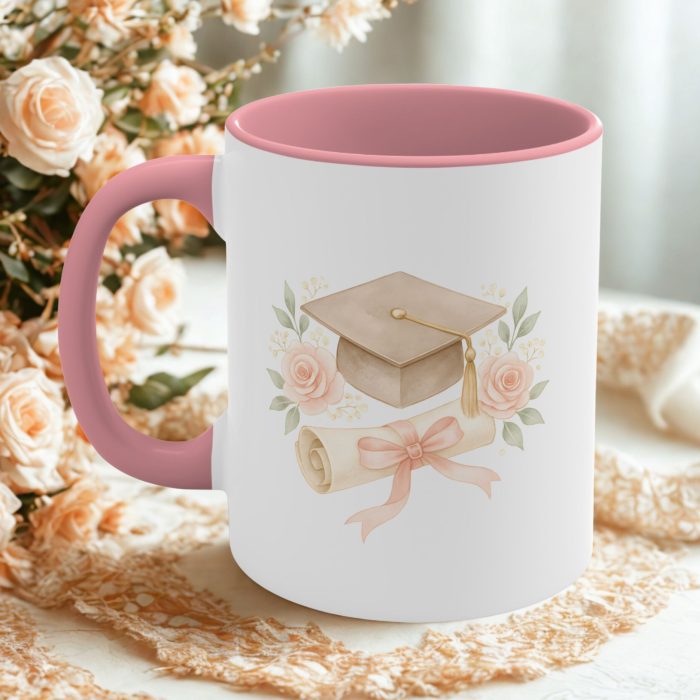 Elegant Graduation Mug | Floral Cap & Scroll Design | Feminine Graduation Gift
