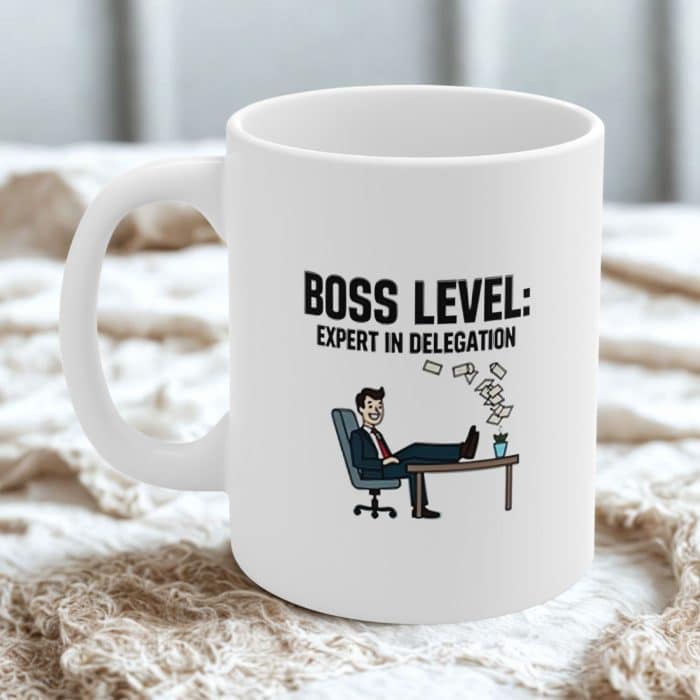 Boss Level: Expert in Delegation Mug | Funny Boss Mug with Minimalist Office Illustration