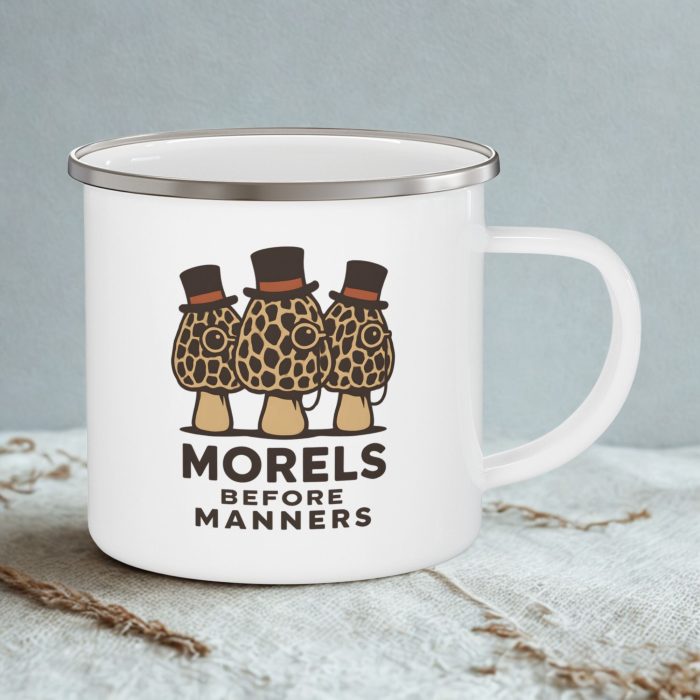 Mushroom Foraging Enamel Mug – Morels Before Manners Funny Camping Mug (12oz)