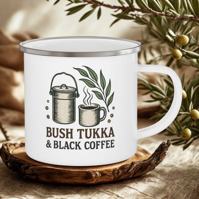 Bush Tucker Mug – Bush Tukka & Black Coffee Enamel Camping Mug (12oz)