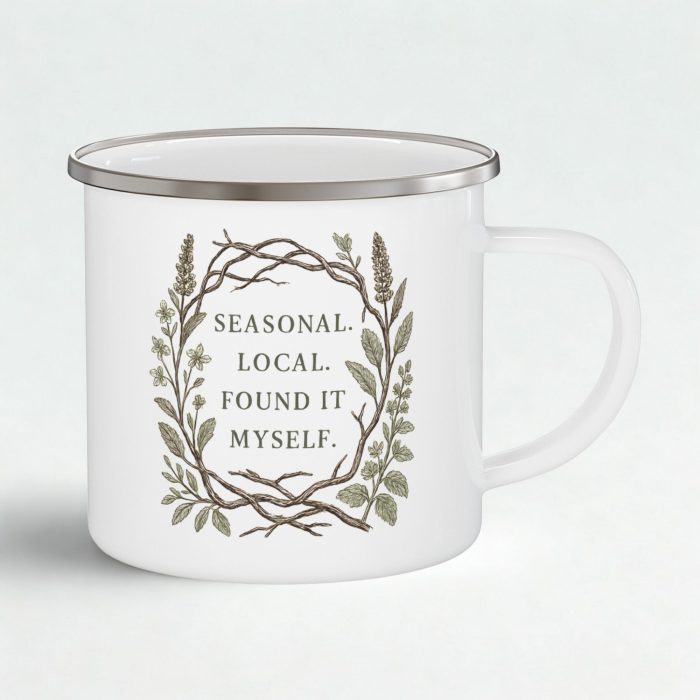 Sustainable Camping Mug – Seasonal Local Found It Myself Enamel Mug (12oz)