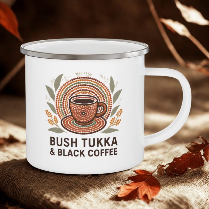 Australian Bush Coffee Mug – Bush Tukka & Black Coffee Enamel Camping Mug (12oz)
