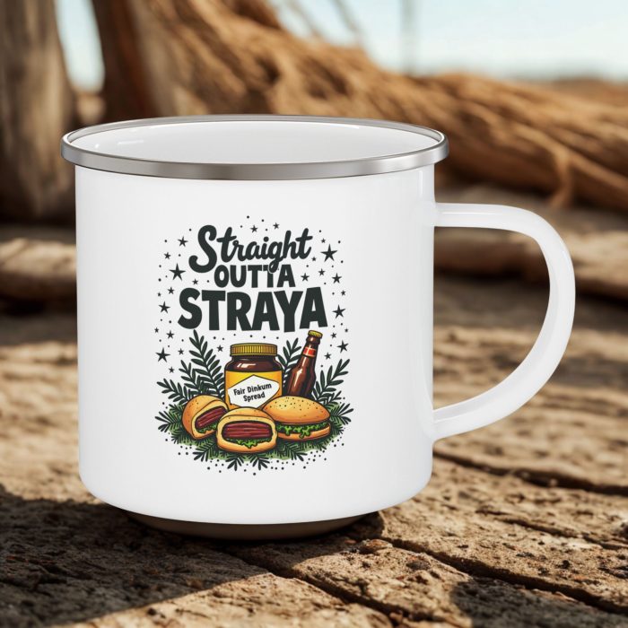 Straight Outta Straya Mug | Funny Aussie Enamel Camping Mug