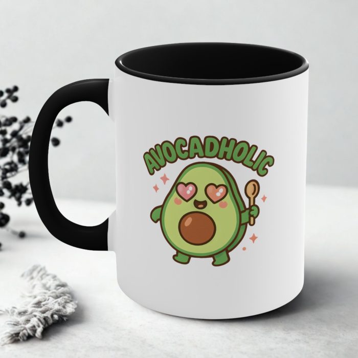Avocadholic – Cute Avocado Mug with Heart Eyes and Spoon