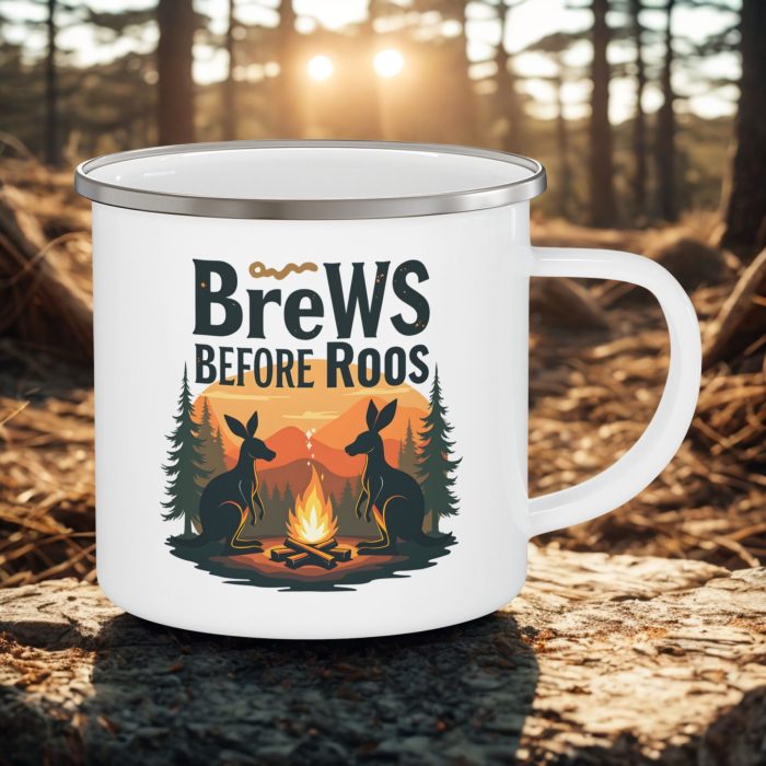 Brews Before Roos Funny Aussie Coffee Mug | Enamel Camping Mug