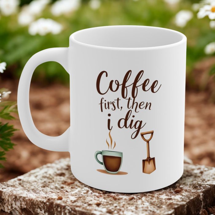 Coffee First, Then I Dig Mug | Watercolor Gardening Mug with Coffee & Shovel Icons in Earthy Tones
