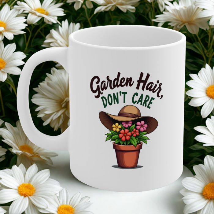 Garden Hair, Don’t Care Mug | Playful Gardening Mug with Floppy Hat & Colorful Flowerpot Illustration