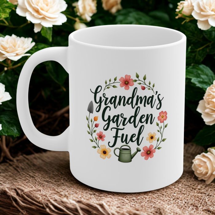 Grandma’s Garden Fuel Mug | Floral Gardening Mug with Pastel Tools & Cursive Typography