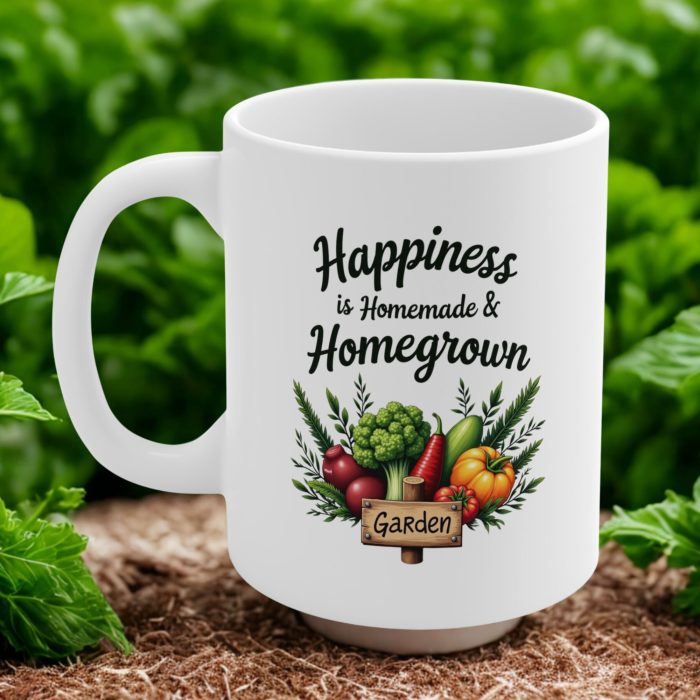 Happiness is Homemade & Homegrown Mug | Rustic Garden Mug with Vegetables, Herbs & Wooden Sign Art