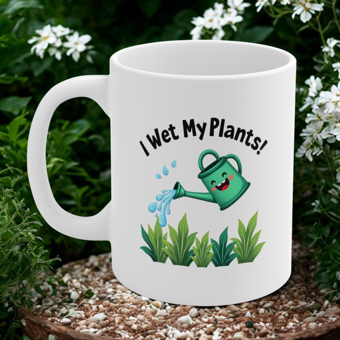 I Wet My Plants Mug | Funny Gardening Mug with Watering Can & Cartoon Leaves