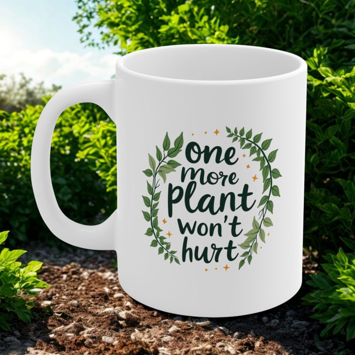 One More Plant Won’t Hurt Mug | Playful Plant Lover Mug with Handwritten Script & Trailing Greenery