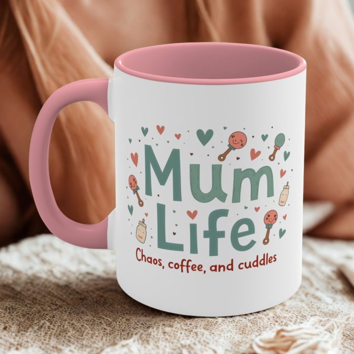 Mum life mug Australia chaos coffee and cuddles cute baby themed coffee cup