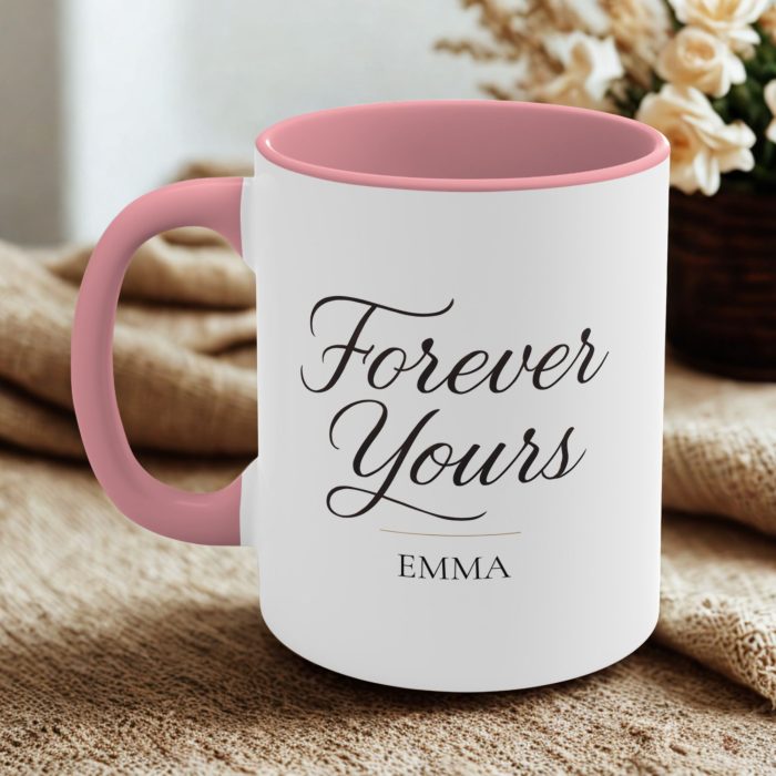 forever yours personalised mum mug with name Emma pink handle