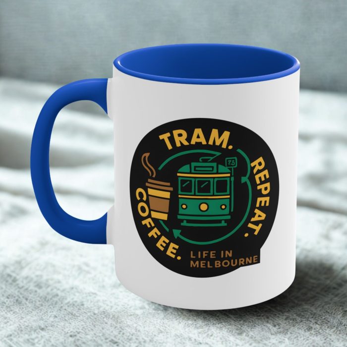 Tram. Coffee. Repeat. Life in Melbourne Mug – Bold Tram Coffee Mug Design