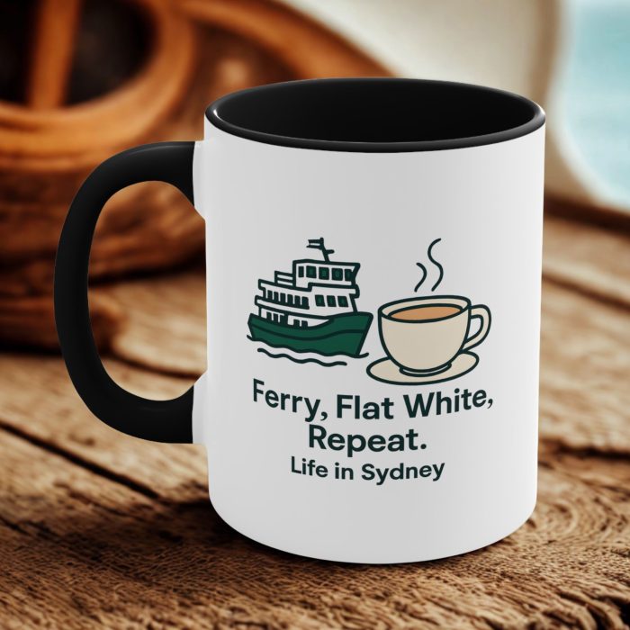 Ferry, Flat White, Repeat – Sydney Coffee Mug with Black Handle