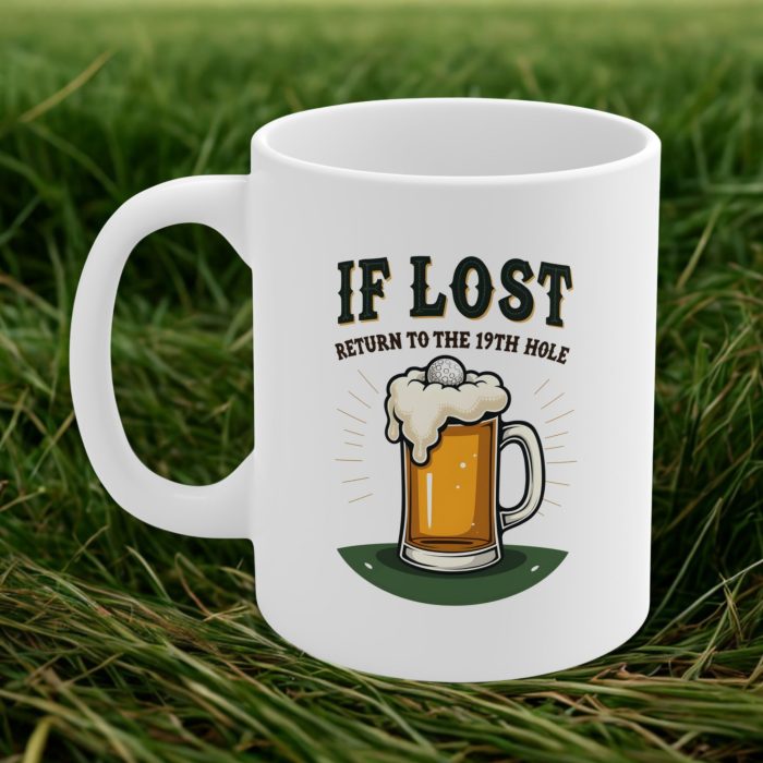 If Lost, Return to the 19th Hole" Mug | Funny Golf Mug with Beer & Golf Ball Illustration | 11oz Ceramic Coffee Cup