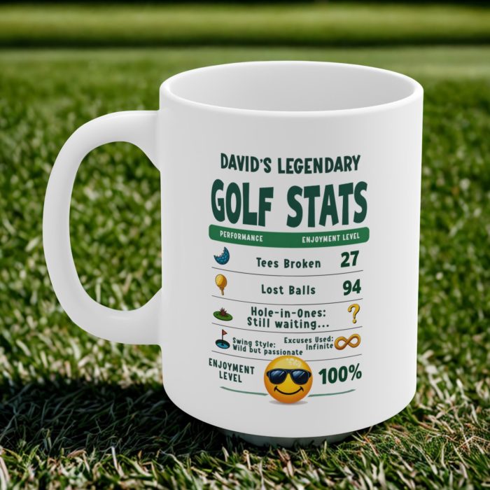 [Your Name]’s Legendary Golf Stats Mug | Custom Funny Stat Sheet Golf Mug with Icons & 100% Enjoyment Rating