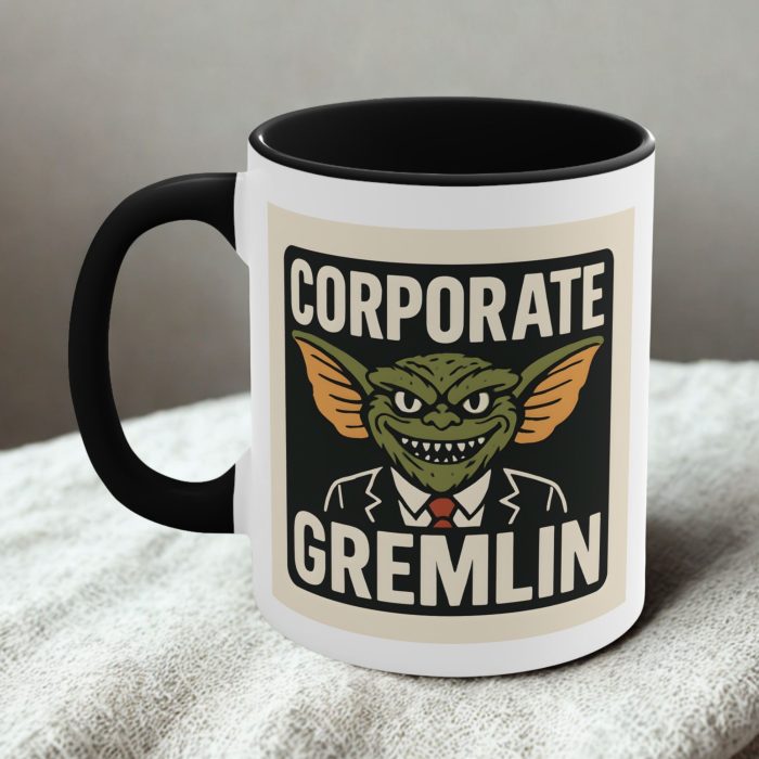 Corporate gremlin mug with funny office humour creature design on ceramic coffee mug