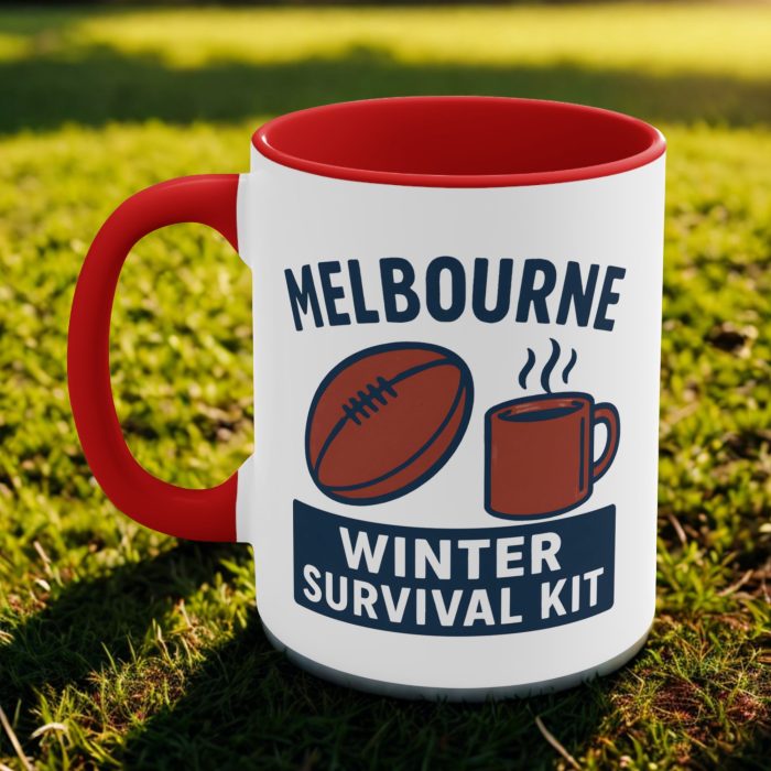 Melbourne winter survival mug with football and coffee cup retro design