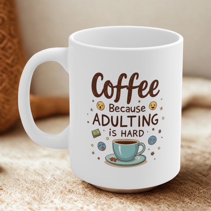 Coffee: Because Adulting is Hard | Funny Coffee Mug with Doodles of Life Struggles