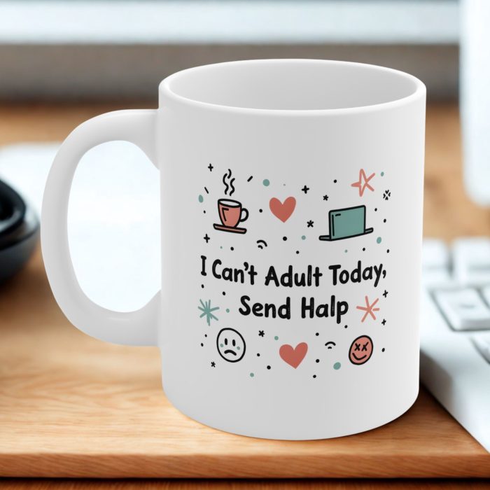Funny Coworker Gift – I Can’t Adult Today. Send Halp. | Relatable Office Mug with Coffee, Laptop & Crying Face Doodles