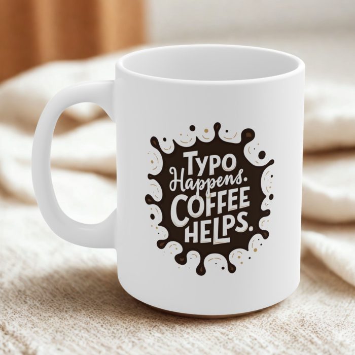 Typo Happens. Coffee Helps. Mug | Bold Coffee-Themed Typo Mug with Whimsical Splash Design