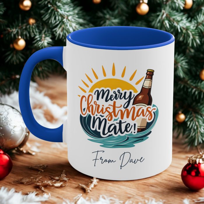 Personalised merry Christmas mate mug with Aussie beach wave and beer bottle Christmas design