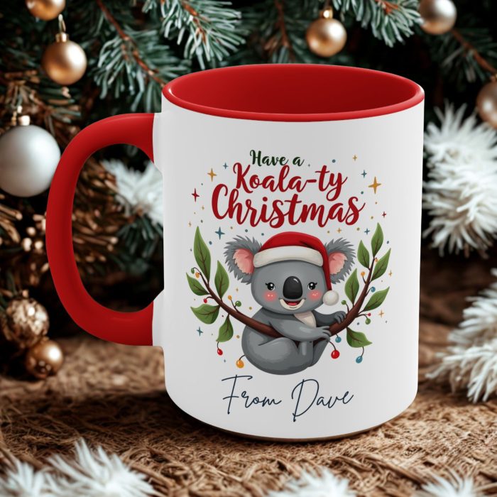 Personalised koala Christmas mug with cute koala wearing Santa hat and festive design