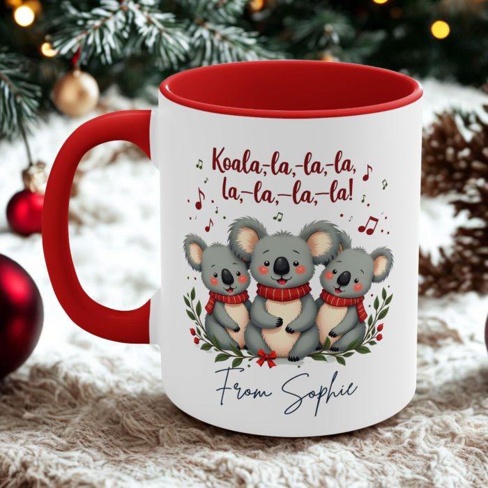 Personalised koala la la Christmas mug with cute festive koalas and holiday scarf design