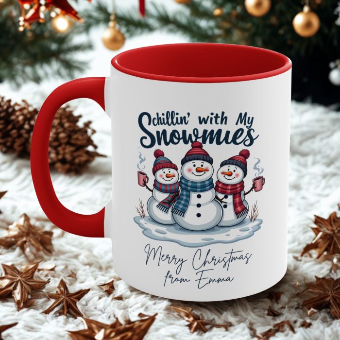 Personalised snowman Christmas mug with cute snowmen and festive winter design