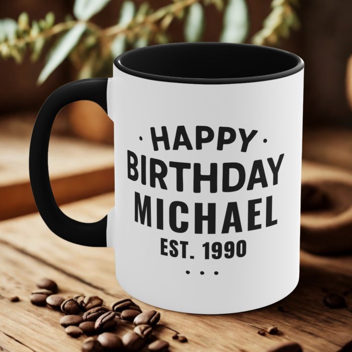 Custom happy birthday mug with personalised name and est year design