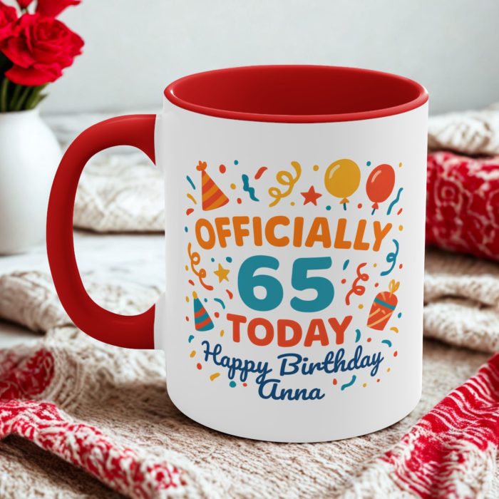 Officially 65 today mug personalised with custom age and birthday name