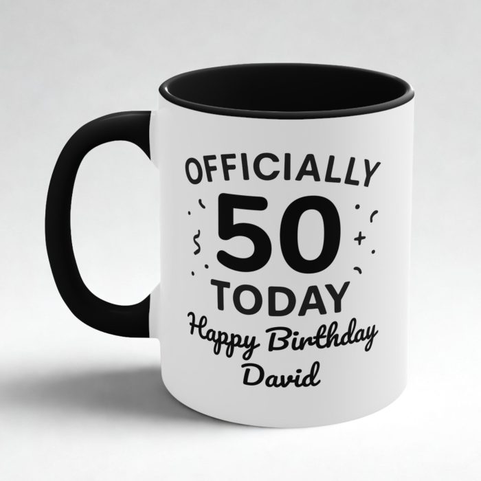 Officially 50 today mug personalised with custom birthday name