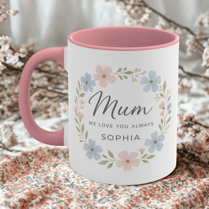 Personalised mum floral mug with custom message and personalised name