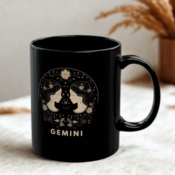 Gemini cup black mug with celestial twins zodiac artwork on black ceramic mug