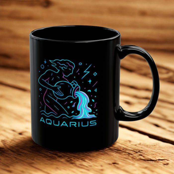 Aquarius mug black mug with neon zodiac water bearer artwork on ceramic mug