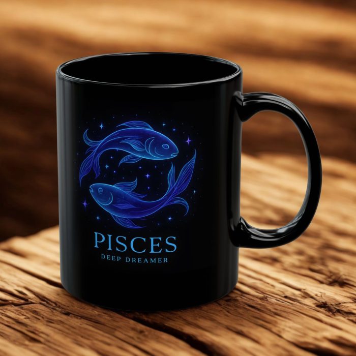 Pisces cup black mug with glowing cosmic fish zodiac artwork on ceramic mug