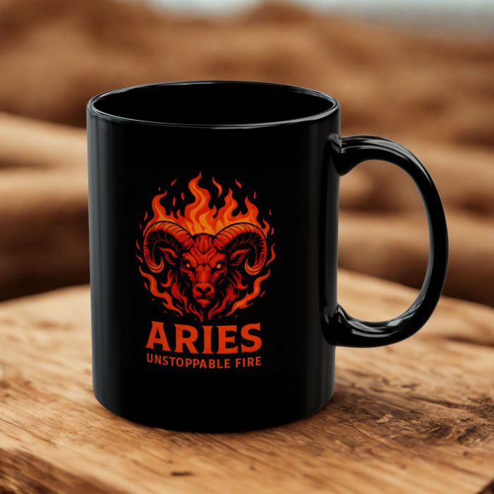 Aries cup black mug with flaming ram zodiac artwork on ceramic mug