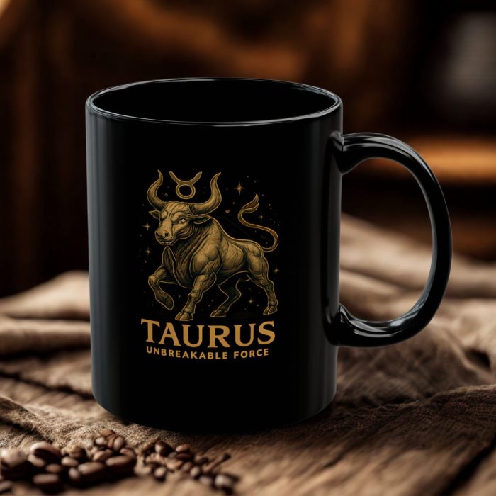 Taurus cup black mug with celestial bull zodiac artwork on ceramic mug