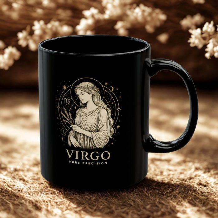 Virgo cup black mug with celestial goddess zodiac artwork on ceramic mug