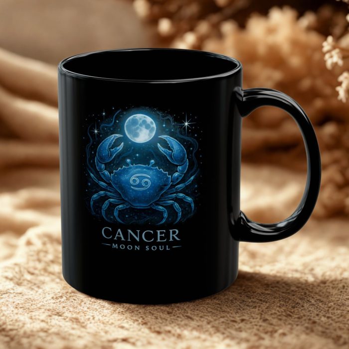 Cancer cup black mug with moonlit crab zodiac artwork on ceramic mug