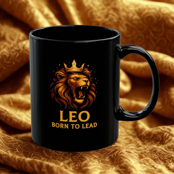 Leo cup black mug with roaring lion zodiac artwork on ceramic mug